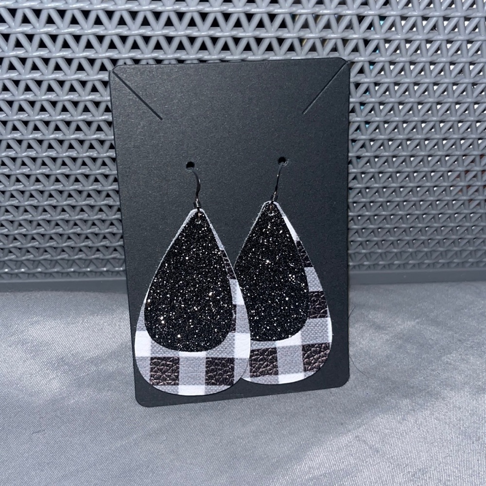 Black Sparkles and Black & White Plaid Dangly Earrings